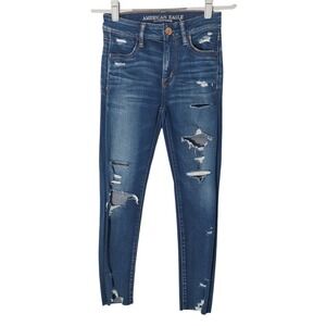 American Eagle Women Jeans 0 Hi Rise Jeggings Distressed Trashed Stretch Grunge